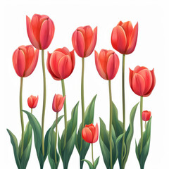 Vibrant red tulips standing tall with lush green leaves, creating cheerful garden scene