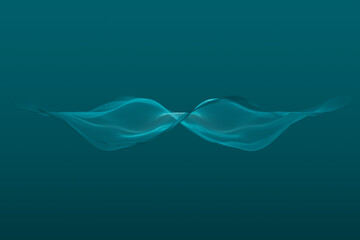 Abstract 3D rendering of a wave with dots and spheres on a blue background