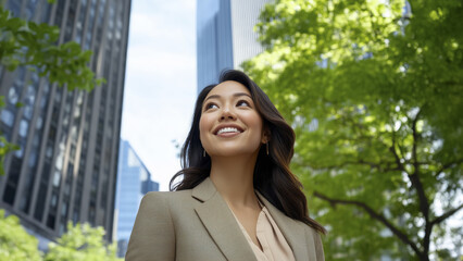 Fototapeta premium young Asian businesswoman in earth tone suit smiles confidently while standing amidst cityscape with tall buildings and lush green trees, reflecting sense of optimism and success