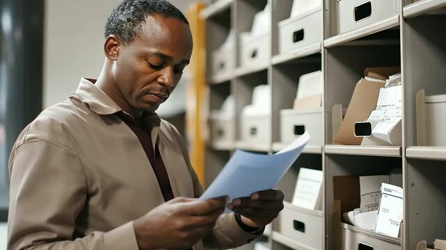 Postal worker sorting letters and packages into mailboxes