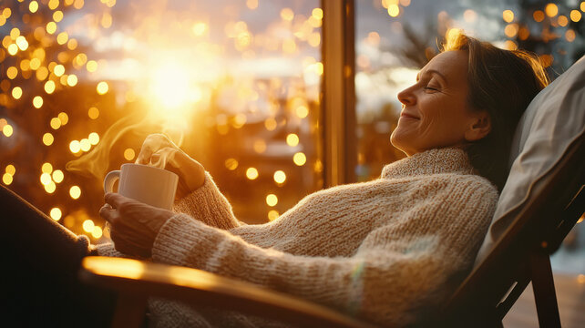 happy middle aged man enjoying hot coffee in morning at home
