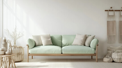A contemporary 3D living room design with a mint green sofa on a white wall, light wooden floors, and stylish decor, creating a minimalist, clean space with a fresh, inviting atmosphere.