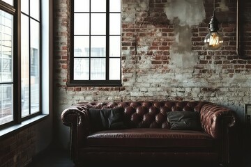 A loft-style interior featuring an exposed brick wall, a dark leather sofa, and a vintage Edison bulb industrial lamp.