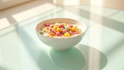 a bowl of cereal on the table against the sun 