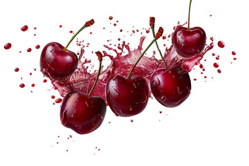 Fresh red cherry with red juice splash on transparent background.