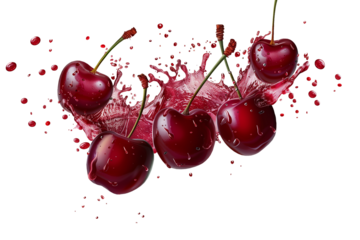 Fresh red cherry with red juice splash on transparent background.