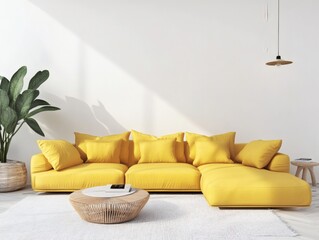 A modern yellow sectional sofa in a minimalist living room setting, perfect for any contemporary home.

