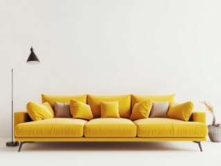 A modern yellow sectional sofa in a minimalist living room setting, perfect for any contemporary home.


