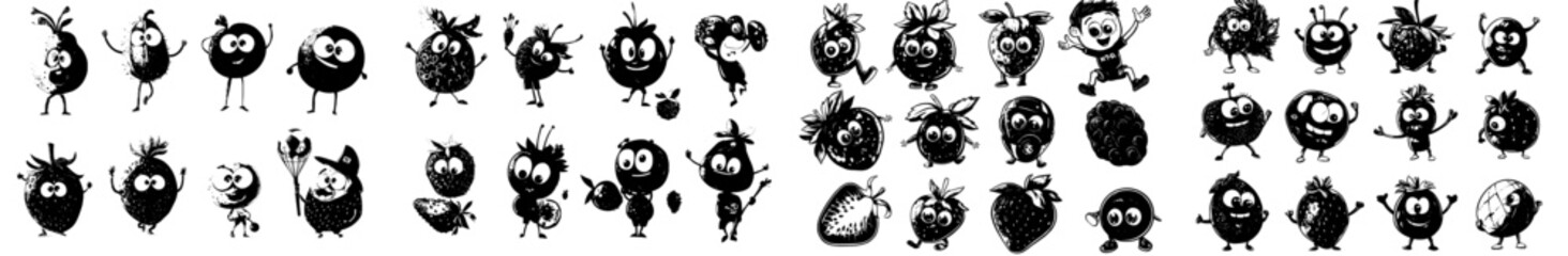 Retro cartoon characters featuring groovy berry fruit, along with modern food, include funny raspberry, strawberry, and cherry, as well as psychedelic hippy blueberry, cranberry, blackberry, and