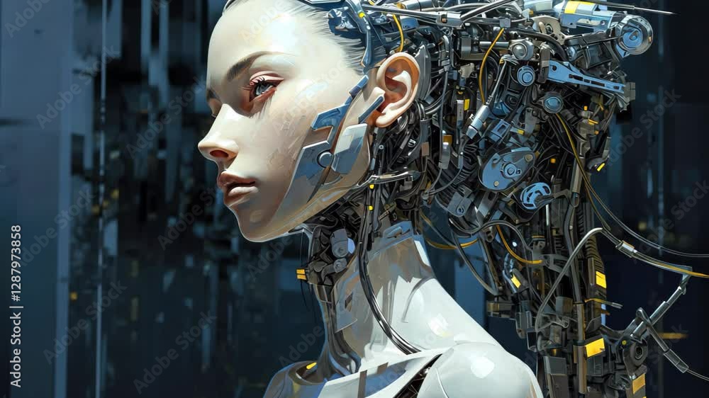 Poster a futuristic humanoid robot with intricate wiring and a sleek design stands against a dark, high-tec