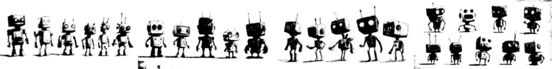 Retro-style robot characters, including cartoonish vintage bots, humanoid droids, and AI cyborgs, are featured alongside modern psychedelic hippie personages of retro transformer robots and alien