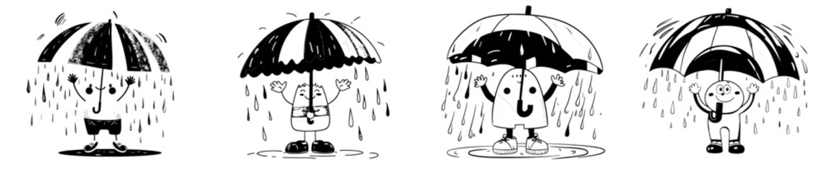 A colorful cartoon character from the 1960s, represented as a rainbow arch personage with an umbrella, embodies a carefree spirit and joyful, vibrant aesthetics, set against a backdrop of rainy and