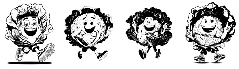 A cheerful, cartoon cabbage character with a large, friendly grin and wide eyes, donning sneakers, and waving in a happy manner, is a modern, isolated farm vegetable personification that radiates a