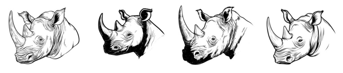 Angry black rhinoceros, a two-horned cartoon animal, serves as a mascot with a fierce expression and red eyes, set against the backdrop of the african savanna, ideal for safari tours, hunting clubs, © Andrei