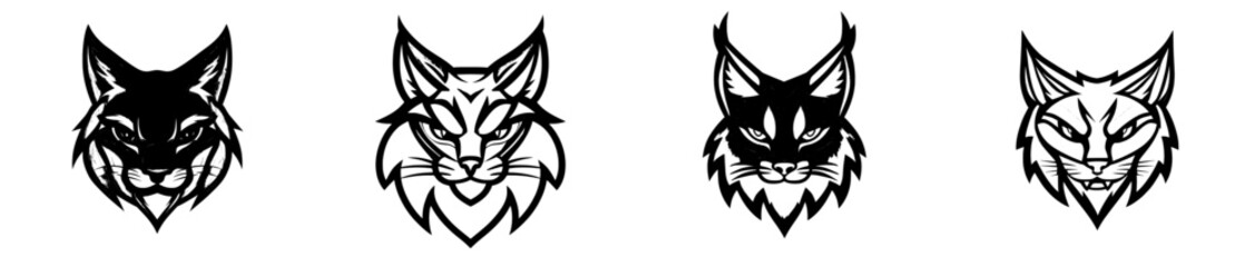 Fototapeta premium Modern cartoon mascot featuring the head of a lynx animal, resembling a wild bobcat, is a symbol often used for hunting sport clubs or football teams, represented by a wildcat lynx icon, and