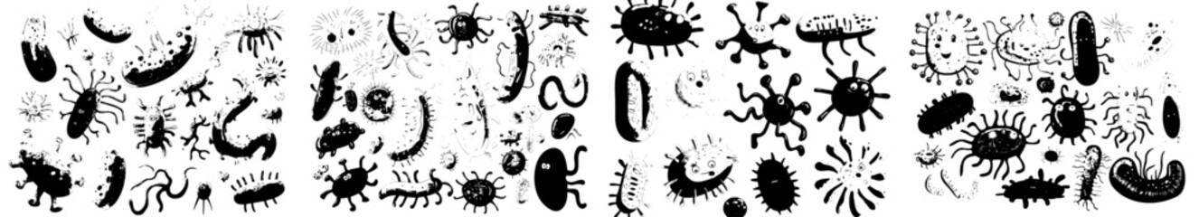 Cartoon bacteria, microbes, and viruses are depicted as cute germs with humorous faces, alongside smiling pathogens and microbe monsters © Andrei