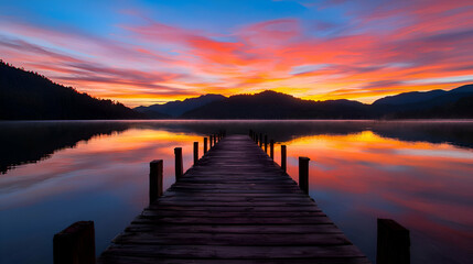 Obraz premium Vibrant Sunrise over Serene Lake with Wooden Dock