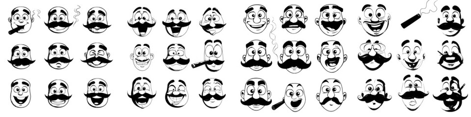 Modern icons of isolated face expressions include a cartoon emoji smoking a cigar, displaying emotions like sadness, happiness, fear, and winking, while wearing a monocle and mustache