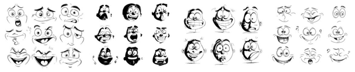 Modern icons of isolated face expressions include funny cartoon emojis that are satisfied, toothy, crazy, angry, laughing, and sad, as well as facial emoticons that convey upset, happy, and sad