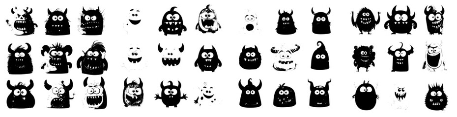 Modern cartoon funny emoticons feature monster faces, including Halloween-themed horror emojis of zombies, demons, ghosts, devils, vampires, and beasts with various emotions, as well as scary avatars