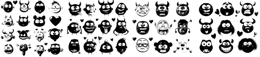 Modern icons of isolated face expressions include funny cartoon emojis that depict laughing and smiling, along with a range of other facial feelings such as kissing, happiness, and tongue-out