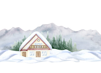 Fototapeta premium Horizontal winter landscape with mountains, chalet house in snow and fir trees forest watercolor illustration isolated on white. Vintage tourist banner with wooden lodge building for holiday vacation