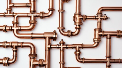 A collection of neatly aligned copper industrial pipes on a clean white background