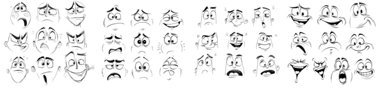 Modern icons of isolated face expressions include funny cartoon emojis that convey a range of emotions from boredom to crying and thoughtfulness, as well as gnashing teeth, anger, laughter, and