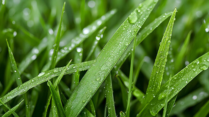 Obraz premium Close Up of Dew-Covered Green Grass Blades