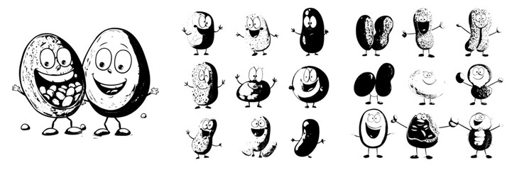 Modern cartoon set of peanut, almond, hazelnut, coconut, pistachio, cashew, brazil nut, soybean, pecan, walnut, pumpkin seed, sunflower seed, and coffee characters, all depicted with a smiling face,