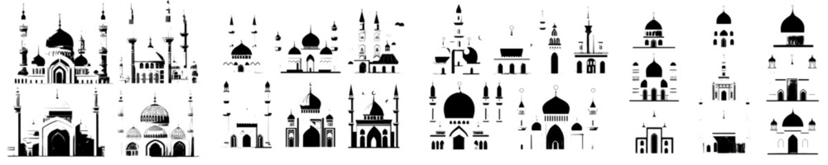 Modern Islam religion architecture is represented by cartoon icons of Muslim mosque buildings, including Arab mosques or masjids with distinctive symbols