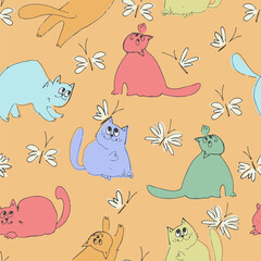 Seamless pattern with funny cats playing. Perfect for kids. Lovecat illustrations in cartoon style