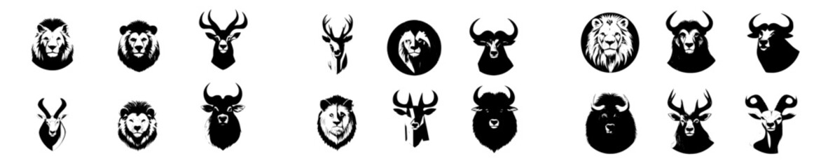 Cartoon modern wild animal head mounts on wooden boards of varying shapes, featuring a lion, wolf, grizzly bear, forest deer, mountain ram, african gazelle with horns, fox, and cape buffalo