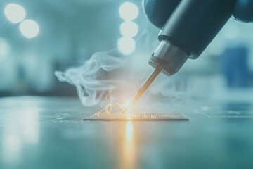 Precision welding process creates distinct sparks and smoke effe