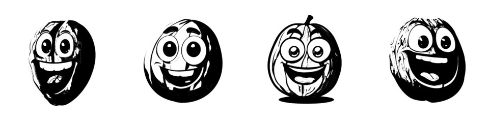 A cartoon character of a walnut in its shell is depicted as a happy, whole fruit with its kernel isolated, symbolized by a smiling emoticon, showcasing the modern brown nut as a vegetarian snack and