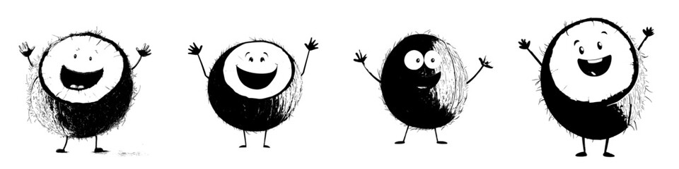 A whole coconut fruit enclosed in a hard shell is depicted as a humorous emoticon, shown as a flat cartoon character with a modern twist, representing an exotic food hero, complete with a smiling