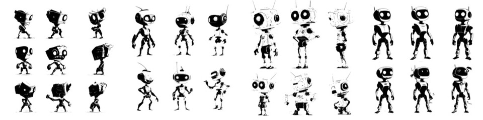 A robot collection featuring classic cartoon characters alongside contemporary female and male androids, including a charming modern android woman and cyborg men with humorous smiling faces, all