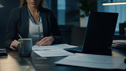 A corporate compliance officer reviewing anti-money laundering policies in an office. Featuring clarity and expertise