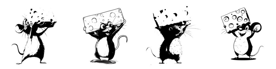 A modern, cartoonish grey mouse, depicted as a cute rodent, is shown carrying cheese to its hole, embodying a funny little character, typically viewed as a domestic pest, but with a happy smile while