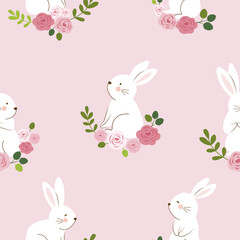 rabbits sitting  on rose branches   seamless pattern , vector , illustration