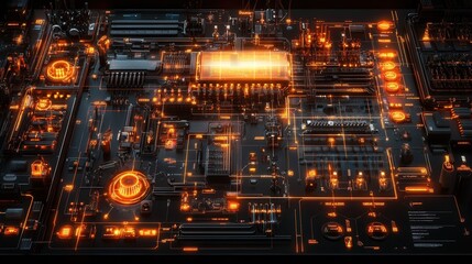 Detailed Circuit Board System With Glowing Components