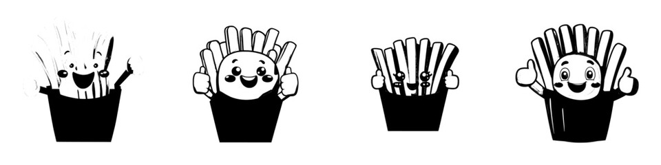 A cartoon character of French fries represents a kid's fast food menu item and is a modern icon, depicted as cute potato fries in a red box with a smiling face and a thumbs up