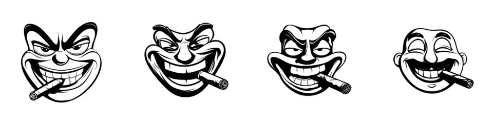 A modern cartoon character is depicted with a cigar in mouth, exuding self-confidence through a toothy smile and squinting eyes, reminiscent of a mafia or gigolo persona