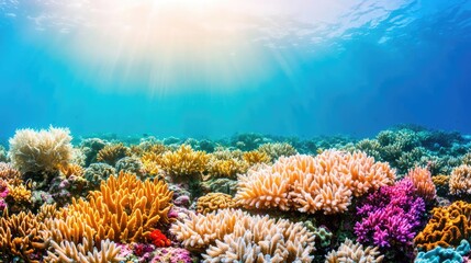 Obraz premium Ocean acidification concept. Vibrant coral reef teeming with colorful marine life under bright sunlight.