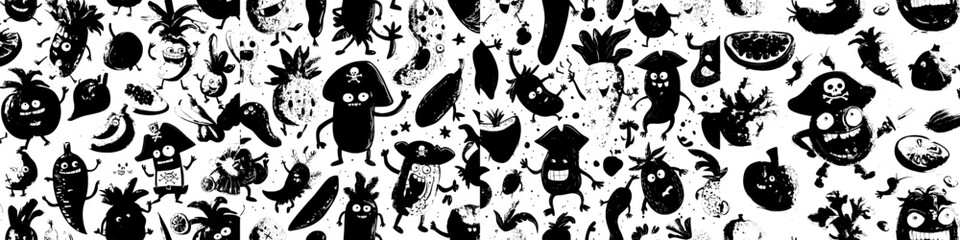 A seamless pattern featuring cartoon fruit pirates and corsairs is set against a modern background, showcasing humorous tropical fruits