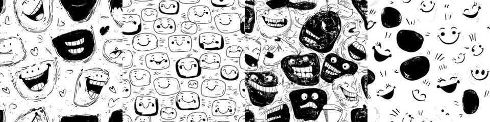 A seamless pattern featuring cheerful, happy, and surprised funny faces is available, suitable for comical wallpaper or modern backgrounds, as well as textile prints with happy smiling faces, and