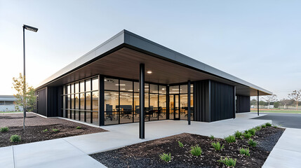 Modern Gray Commercial Building Exterior with Glass Facade and Landscaping