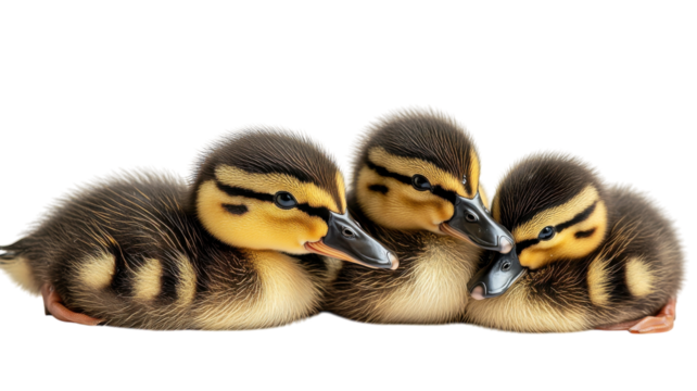 Three adorable ducklings resting closely together in a warm and cozy setting
