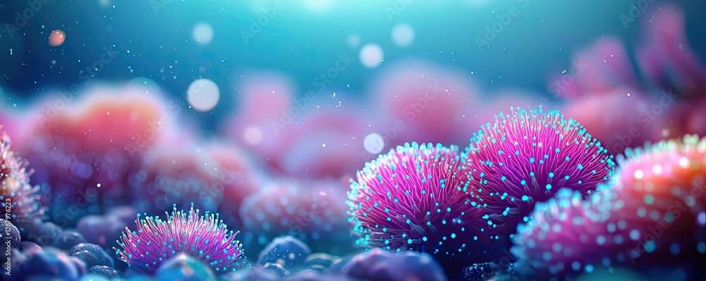Poster ocean acidification concept. vibrant underwater scene with colorful corals and soft bokeh, creating 