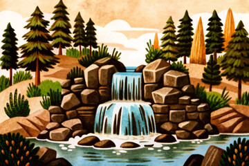 beautiful waterfall in the forest with trees and stones abstract cartoon illustration